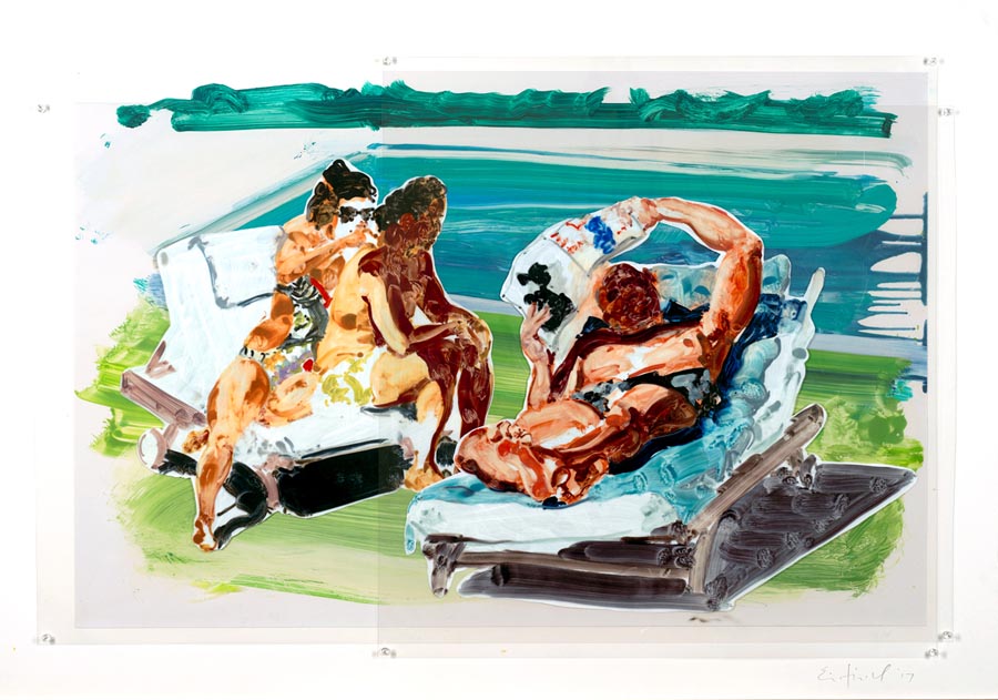 Untitled (Poolside Loungers), Eric Fischl, 2018, Pinned Mylar, 65" x 90.5"